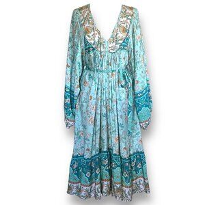 WHO I AM Womens Dress Sz 8 Blue Floral Boho Midi Belted Festival Coastal Cowgirl